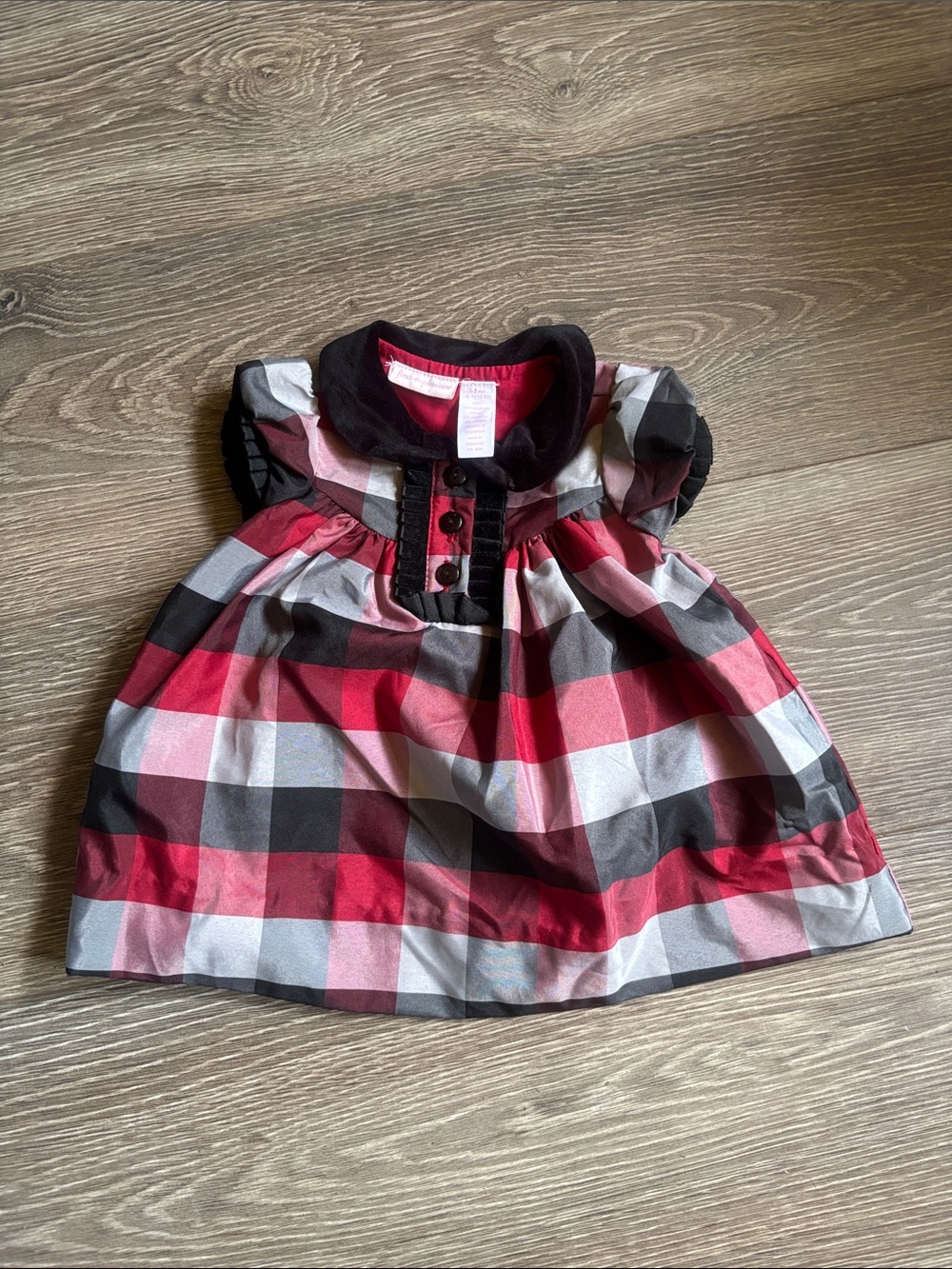 First Impressions Red Black Gray Plaid Baby Dress with Velvet Collar